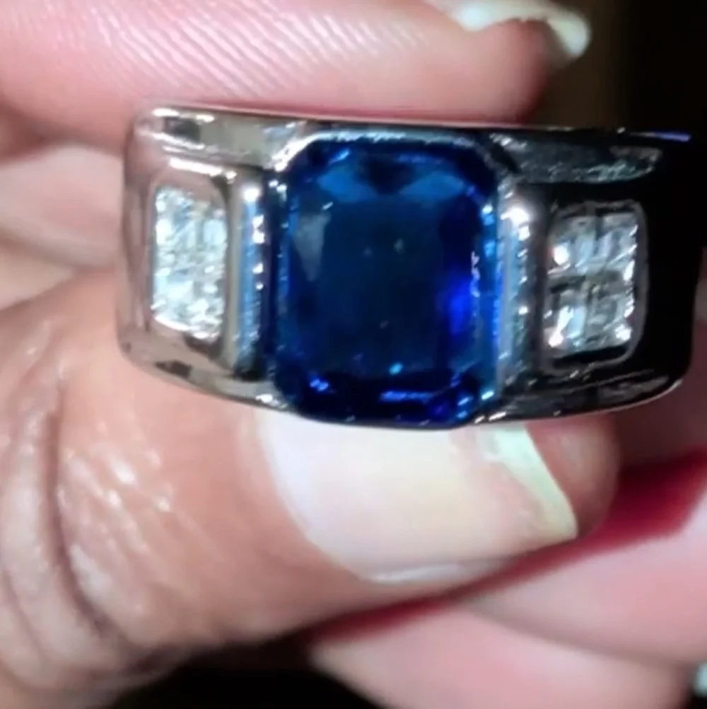 Men's Silver and Blue Gemstone Ring Sz 10